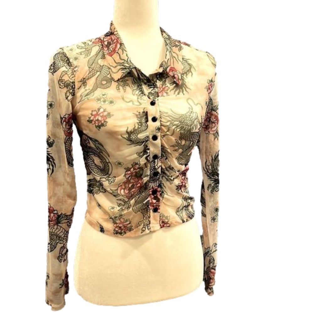 Mesh Dragon Print button front top long sleeve